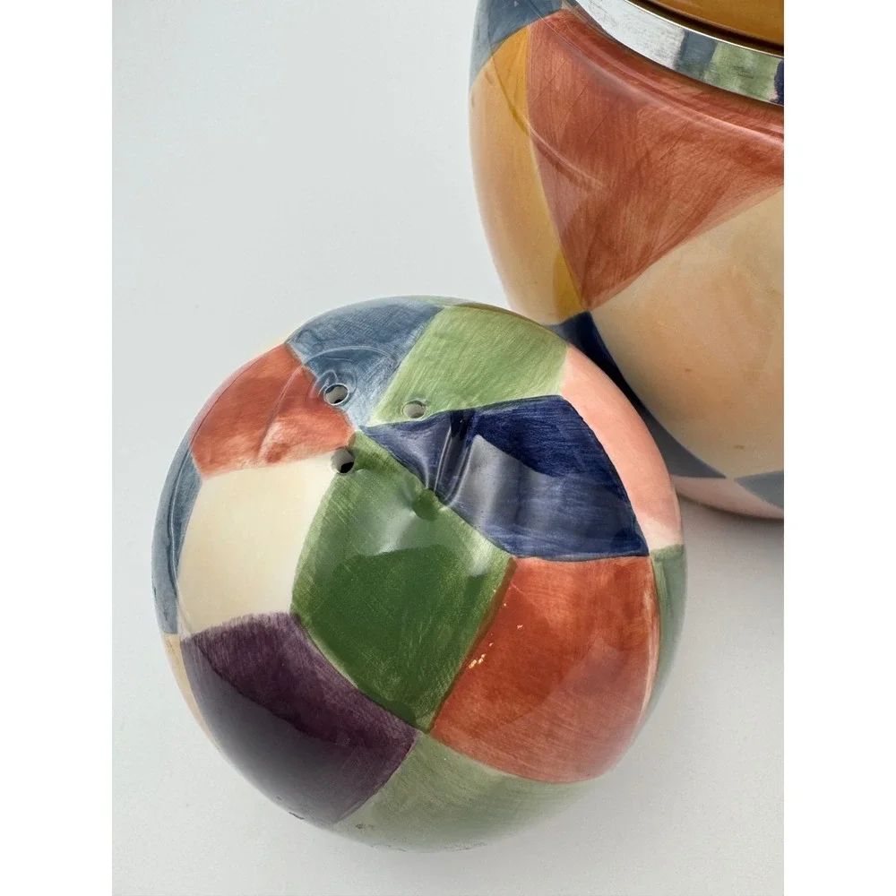 Tabletops Unlimited Carnival Ceramic‎ Canister and Salt Pepper Shakers Set 3pc